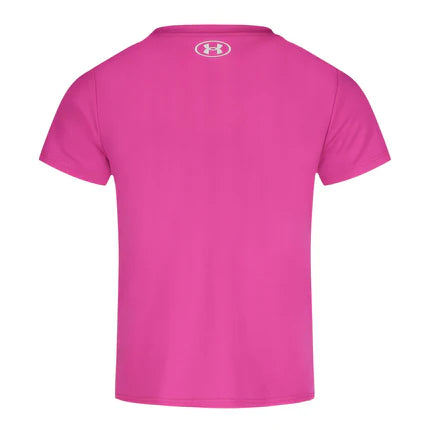 T-Shirt - Under Armour rose vif en polyester pour enfant, vue de dos avec logo blanc près du col
