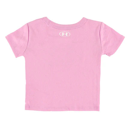 T-Shirt - Under Armour rose en polyester et coton pour enfant, vue de dos avec logo blanc au col.