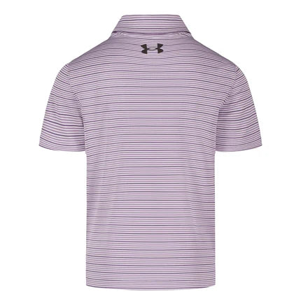 Polo - Under Armour à manches courtes rayé violet et blanc vu de dos avec logo noir sous le col
