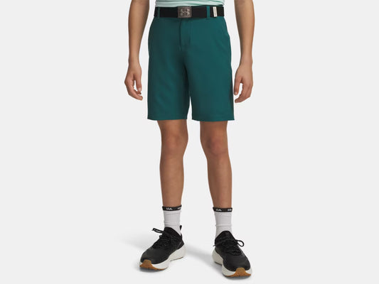 Bermuda - Under Armour vert foncé en tissu technique, style décontracté, pour garçon, vue de face sur mannequin.