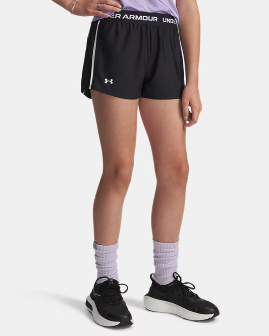 Short UA Tech™ Match - Under Armour, short noir en tissu technique, pour enfant, vue de face portée.