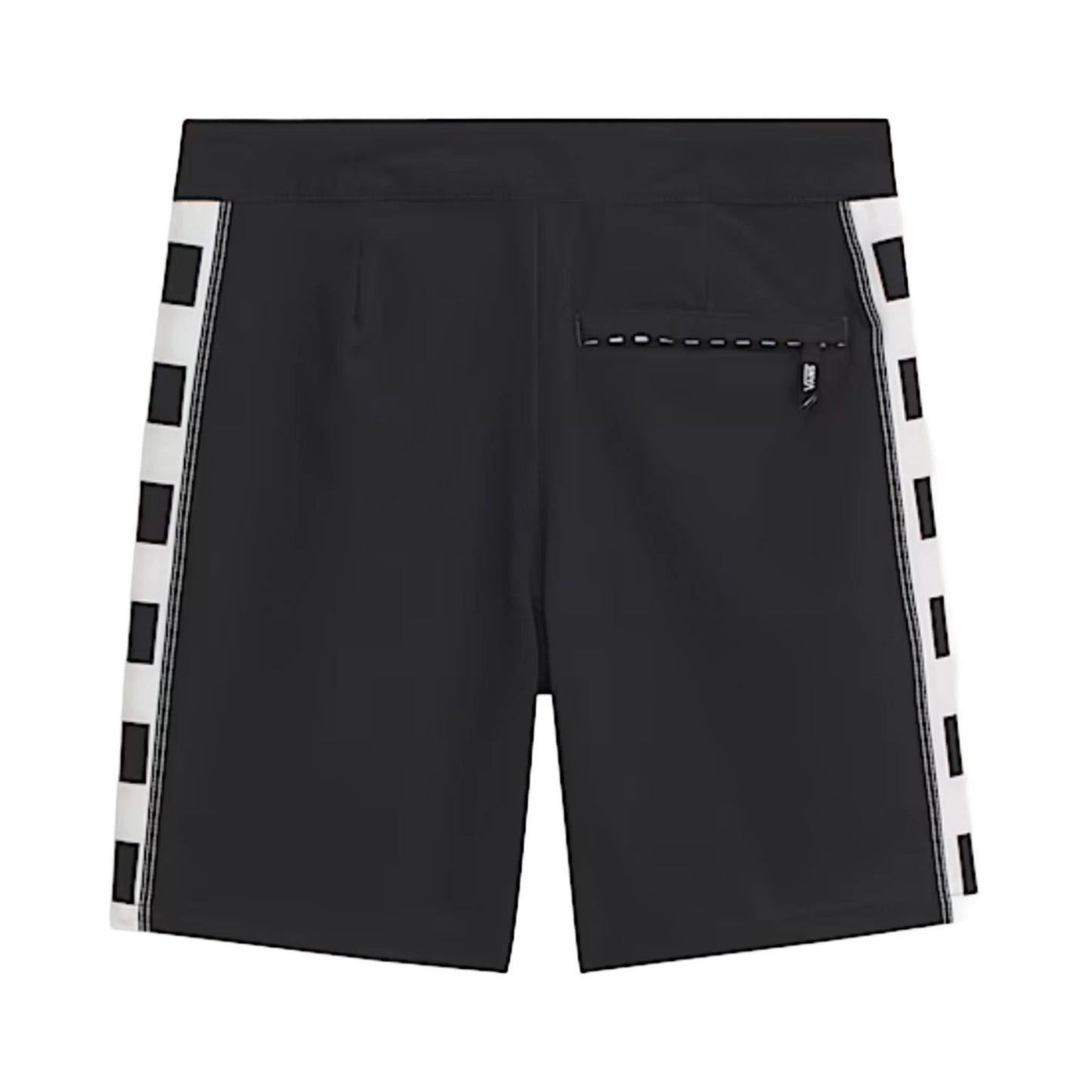 Maillot de bain - Vans short noir avec bandes blanches à carreaux noirs, détail poche arrière zippée, vue de dos.