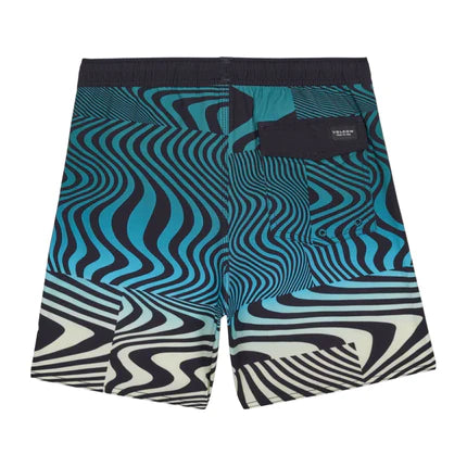 Maillot de bain - Volcom short de bain bleu, noir et blanc avec poches, taille élastiquée, vue de dos, adulte homme.