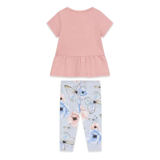 Ensemble 2 pièces - Guess pour enfant fille, tee-shirt rose saumon en coton, legging bleu clair à motifs papillons, vue de dos