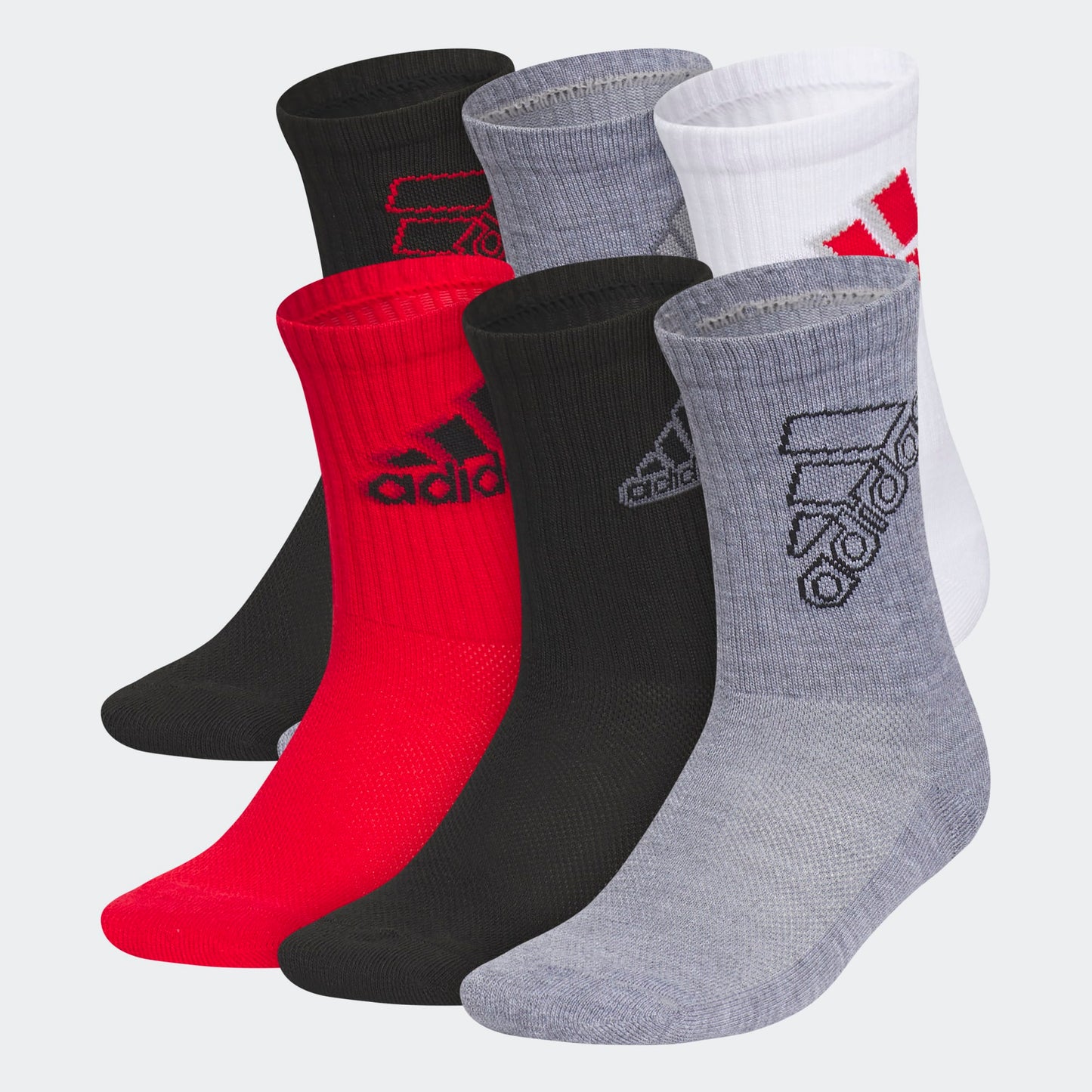 6 Paires de bas - Adidas en coton, couleurs noir, gris, rouge et blanc, style sport, vue de côté sur fond clair