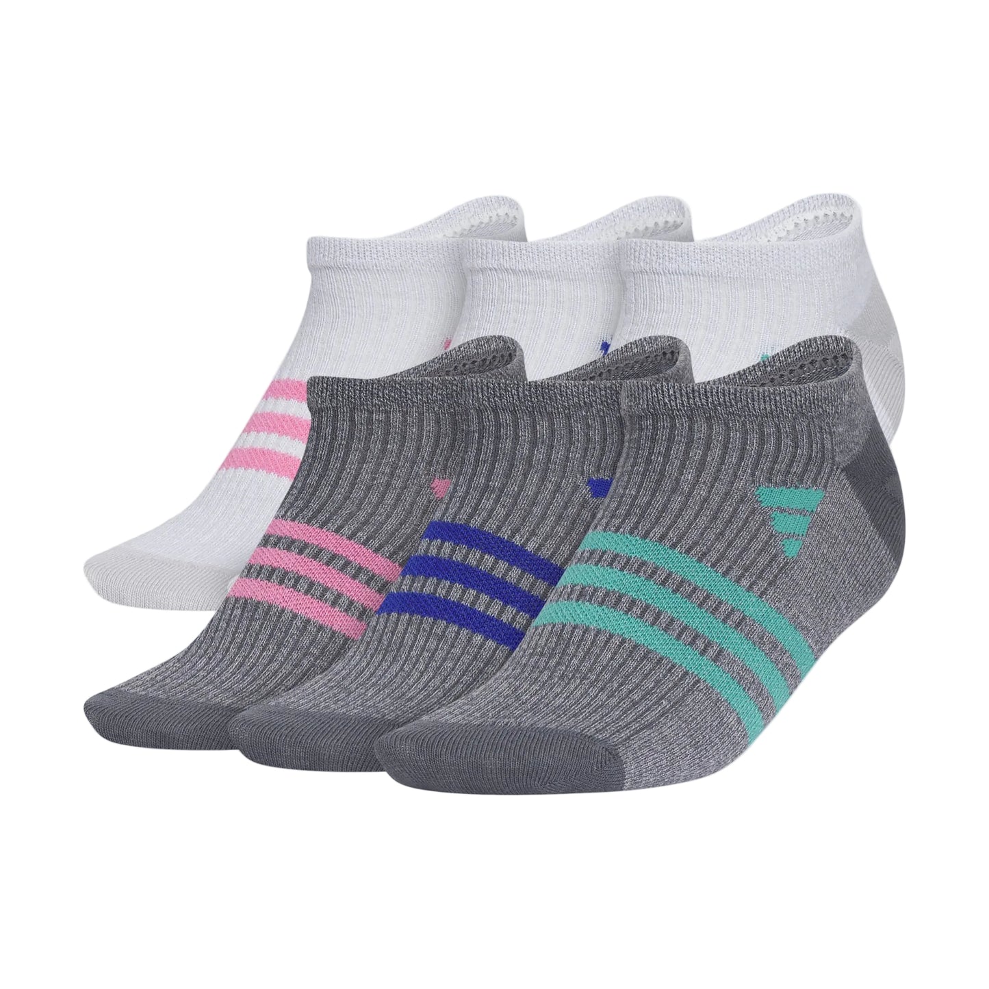 6 Paires de bas - Adidas, chaussettes basses en coton gris avec bandes colorées et blanches, pour enfant, vue de côté.