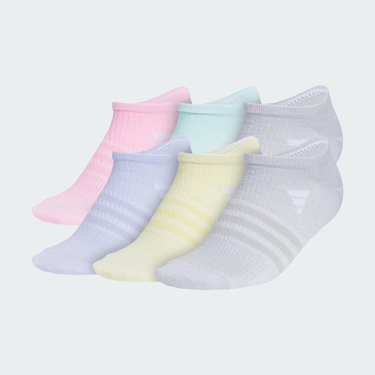 6 Paires de bas - Adidas pastel en coton, style court, pour fille, vue de côté sur fond clair.