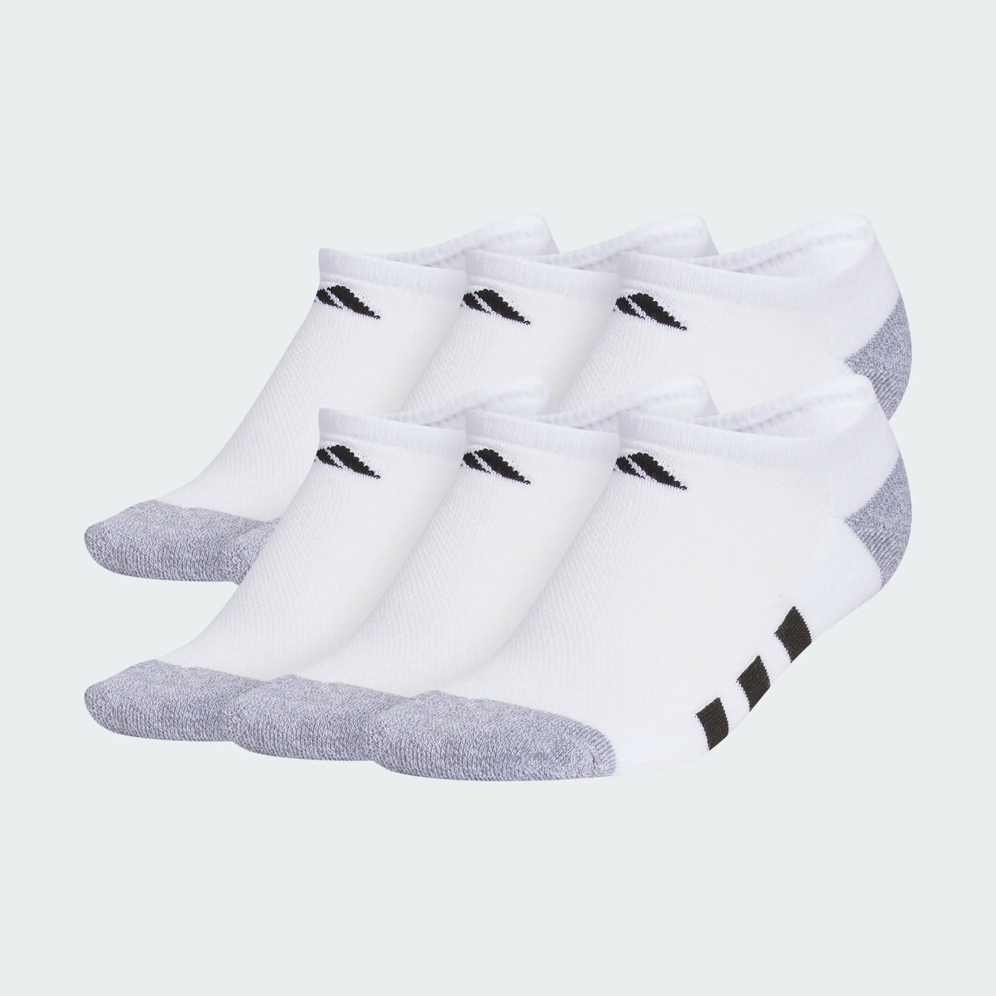 6 Paires de bas - Adidas blancs et gris en coton, motifs noirs, taille junior, vue de côté sur fond clair