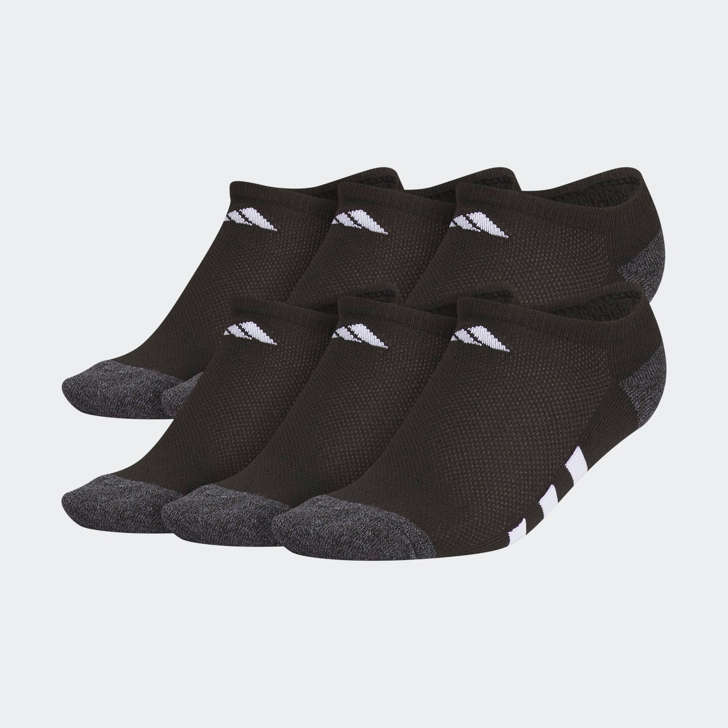 6 Paires de bas - Adidas noirs avec renforts gris en polyester et spandex, coupe basse, vue de côté regroupée