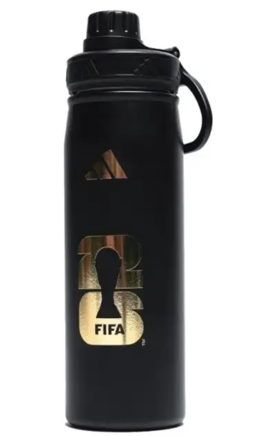 Bouteille Isotherme Fifa - Adidas noire avec logo doré, en acier inoxydable, style sport, vue de face.