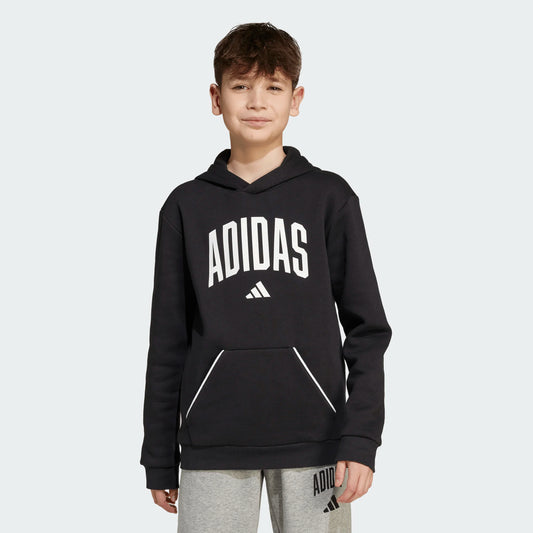 Hoodie - Adidas noir avec logo blanc, en coton et polyester recyclé, pour garçon, porté de face sur mannequin