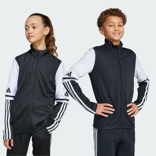 Veste - Adidas noire et blanche en polyester recyclé, manches longues, pour garçon, vue de face porté sur mannequin