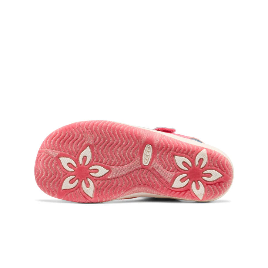 Sandales Elle Backstrap - Keen vue de dessous semelle rose à motifs floraux blancs pour enfant, détail matériau antidérapant