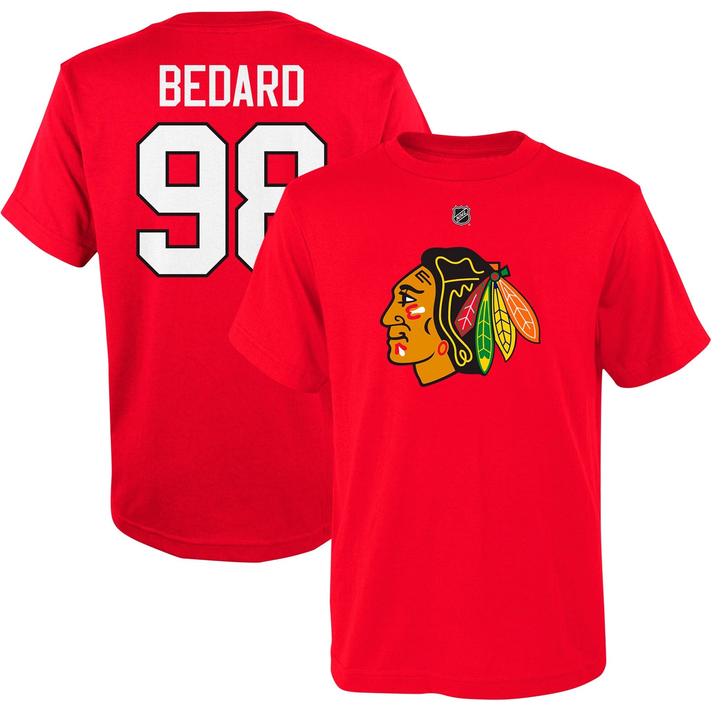 T-Shirt - Bedard Blackhawks - 3 Pour 60$ rouge 100% coton avec logo Chicago Blackhawks devant et nom 98 dos, vue face et dos.
