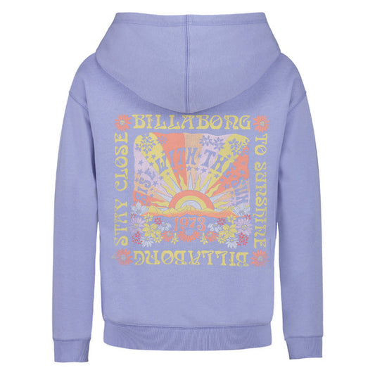 Hoodie - Billabong bleu clair en coton polyester, motif soleil et fleurs, pour enfant, vue de face et dos sur fond blanc.