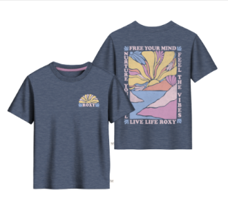 T-Shirt - Roxy bleu gris en coton à manches courtes, avec petit motif couleur crème à l’avant et grand motif multicolore stylisé au dos, vue de face et dos.