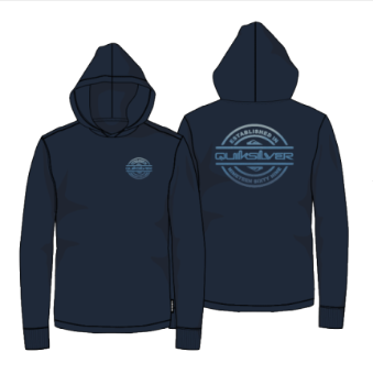 Chandail - Quiksilver bleu marine à capuche, avec logo devant et grand motif rond au dos, en coton, vue de face et dos sur mannequin.