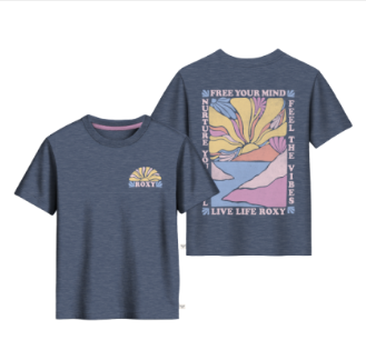T-Shirt - Roxy bleu marine en coton avec petit logo coloré à l'avant et grand motif artistique multicolore au dos, vue de face et dos.