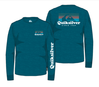 Chandail - Quiksilver bleu pétrole à manches longues avec logo imprimé blanc sur la manche et sur la poitrine, vue de face et dos.