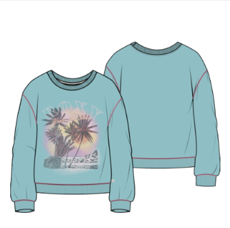 Chandail - Roxy bleu clair avec motif palmier rose et beige, style décontracté en coton, vue de face et de dos.