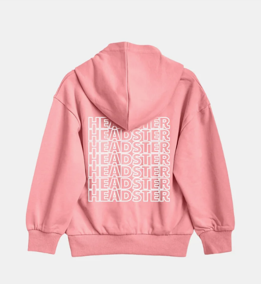 Sweat à capuche rose en coton pour enfant avec logo "Headster" imprimé en blanc en arrière, vue de dos, Hoodie - Headster.