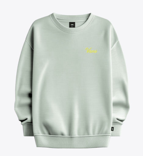 Chandail - Vans vert pâle à col rond avec logo Vans jaune et bordures côtelées aux poignets et à la taille vue de face