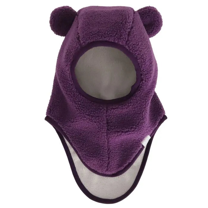 Cagoule - Calikids en tissu polaire violet avec oreilles, doublure claire, pour enfant, vue de face.