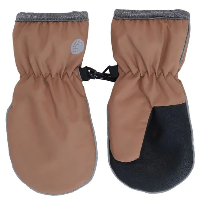 Mitaines Mi-Saison - Calikids beige et noir, imperméable doublé polar, coupe-vent, pour enfant, vue de dessus face et dos.