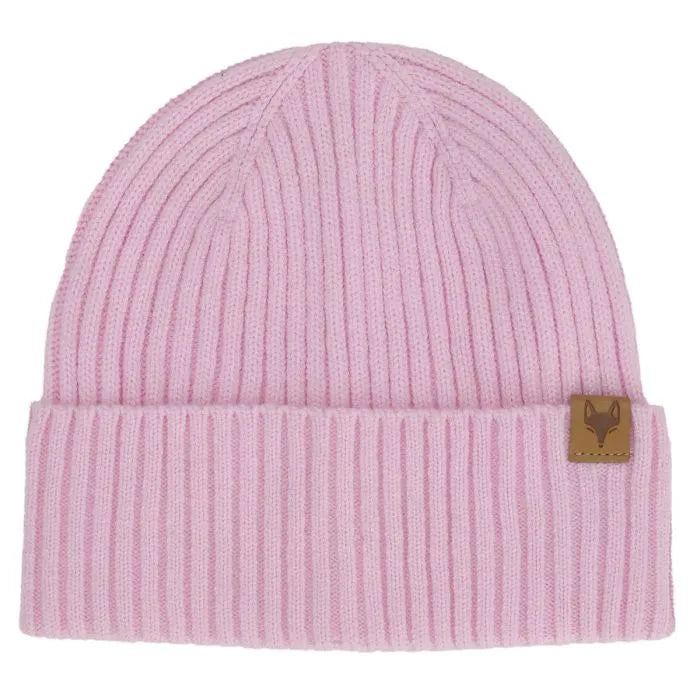 Tuque Mi-Saison - Calikids rose clair en tissu extensible côtelé, pour enfant, vue de face avec étiquette logo renard.