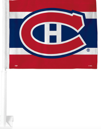 Drapeau pour automobile - Canadiens rouge, bleu et blanc avec logo imprimé, tige de fixation blanche, vue de face
