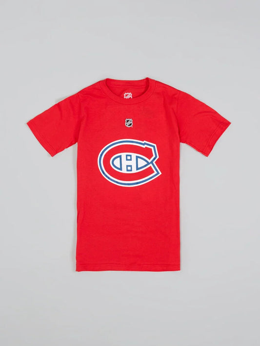 T-Shirt - Caufield - 3 Pour 60$ rouge en coton avec logo imprimé blanc et bleu, coupe enfant, vue de face sur fond gris.
