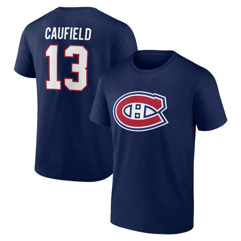 T-Shirt - Caufield - 3 Pour 60$ bleu marine en coton, logo hockey rouge et blanc, pour enfant, vue de face et dos.