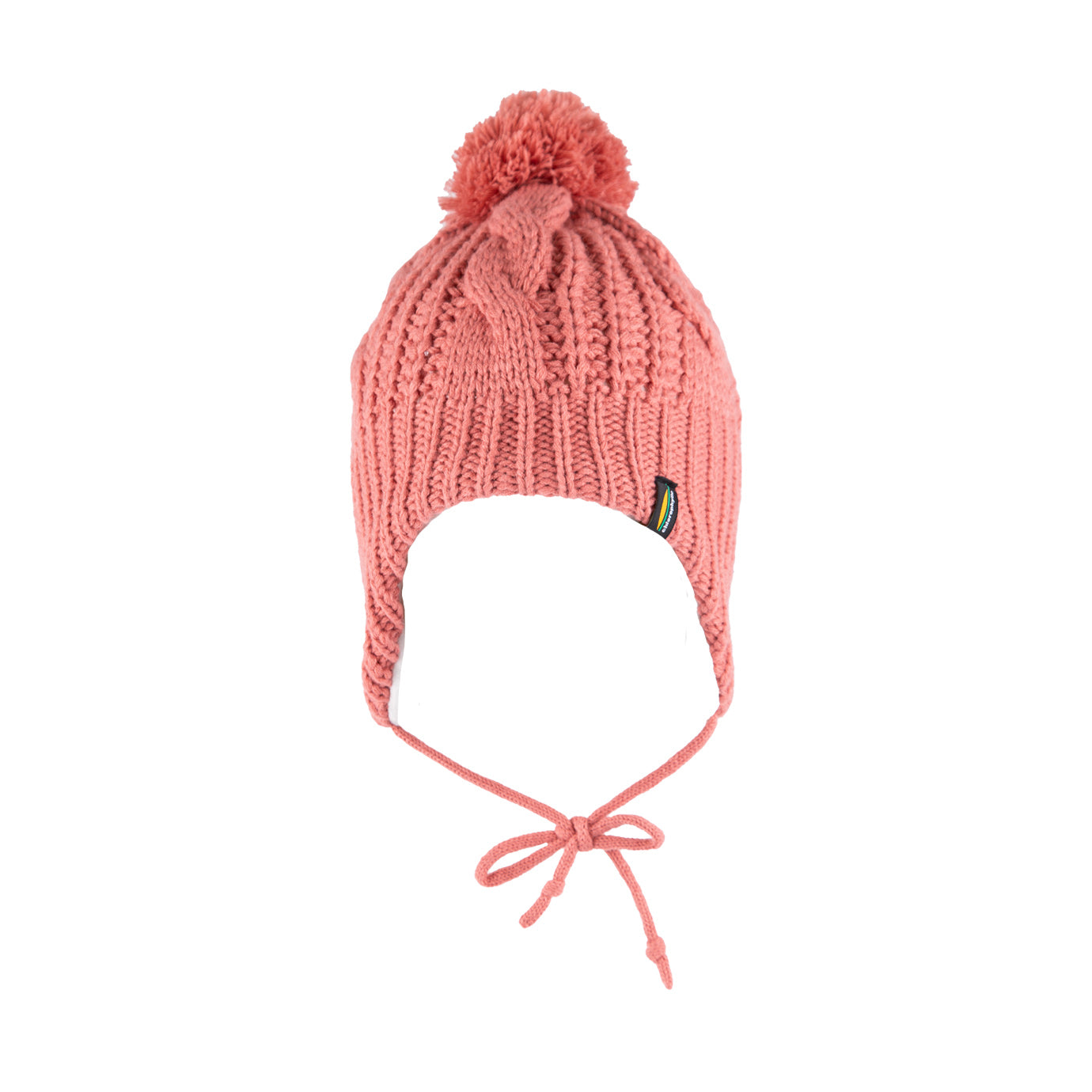 Tuque d'hiver - Chlorophylle rose tricotée avec pompon et doublure polar, taille enfant, vue de face avec cordons noués.