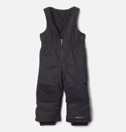 Habit de neige - Columbia noir en tissu imperméable, pantalon avec bretelles, pour enfant, vue de face sur fond blanc.
