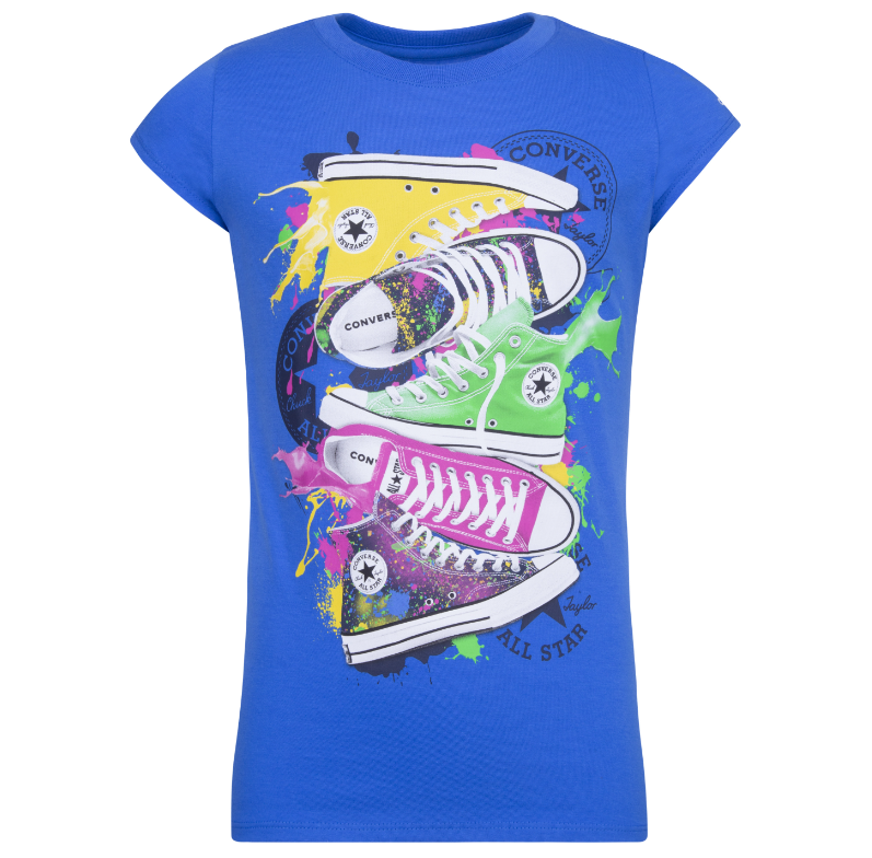 T-Shirt - Converse bleu à manches courtes avec imprimé baskets multicolores, pour fille, vue de face