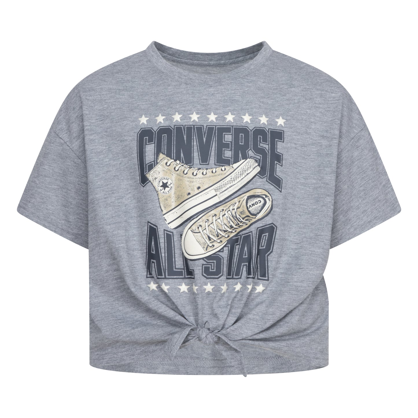 T-Shirt - Converse gris clair avec imprimé baskets beiges, style noué devant, pour fille, vue de face