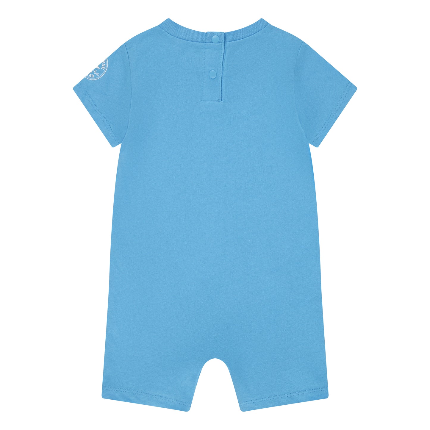 Ensemble - Converse barboteuse bleu ciel manches courtes coton doux pour garçon, vue de dos avec fermeture à boutons pression