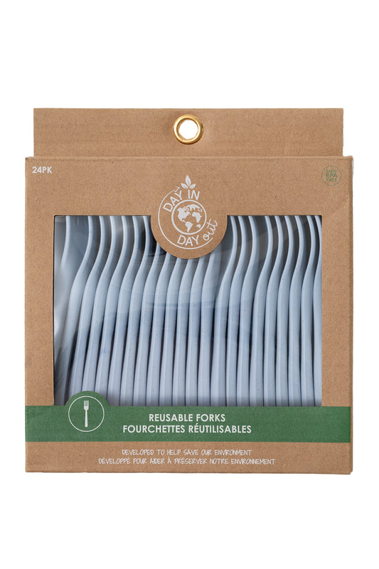 Paquet de 24 fourchettes - Day In Day Out blanches réutilisables en blé écologique, vue de face emballage carton.