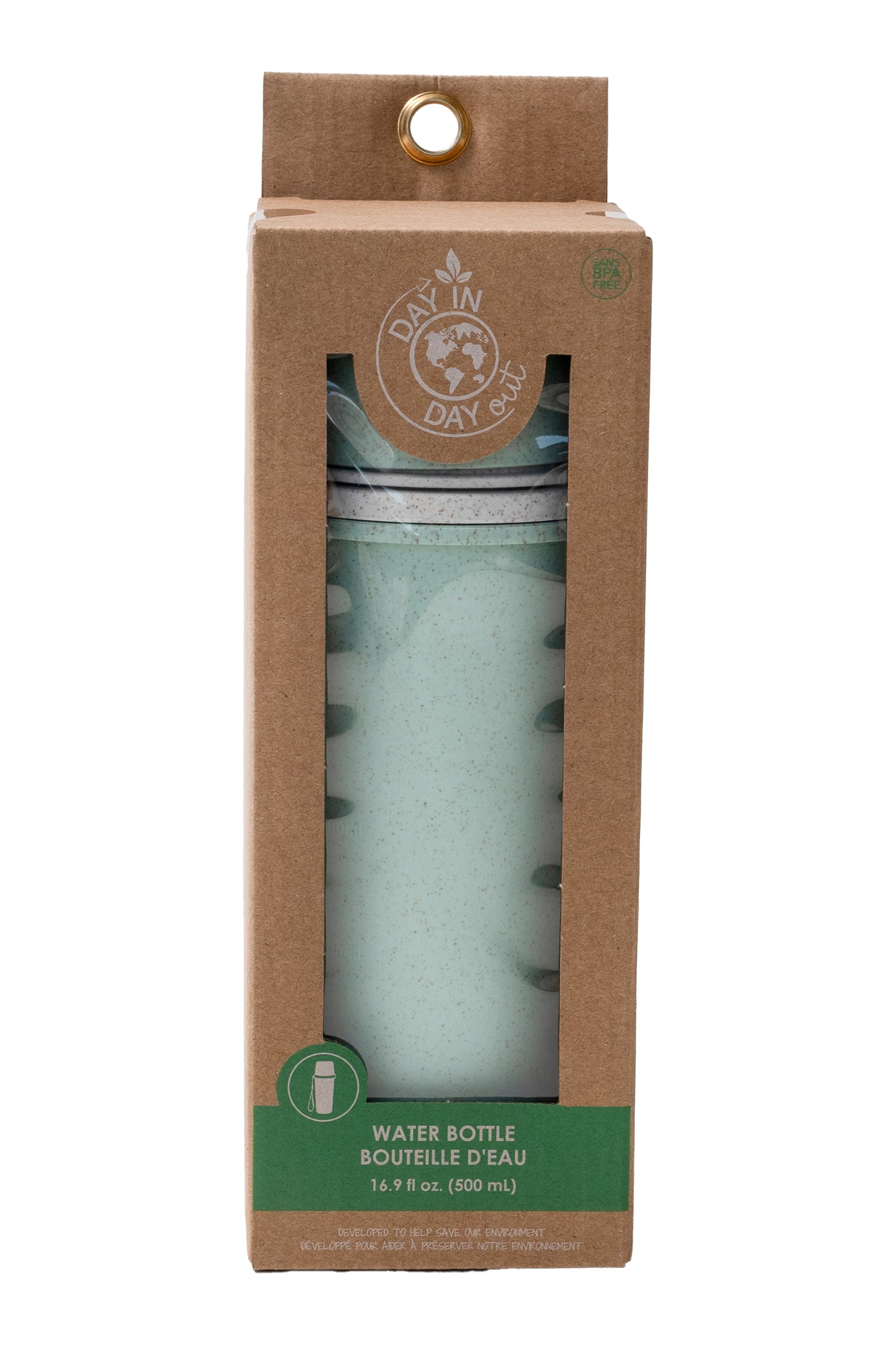 Bouteille D'eau - Day In Day Out verte en blé écologique 500 ml, emballage carton, vue de face.