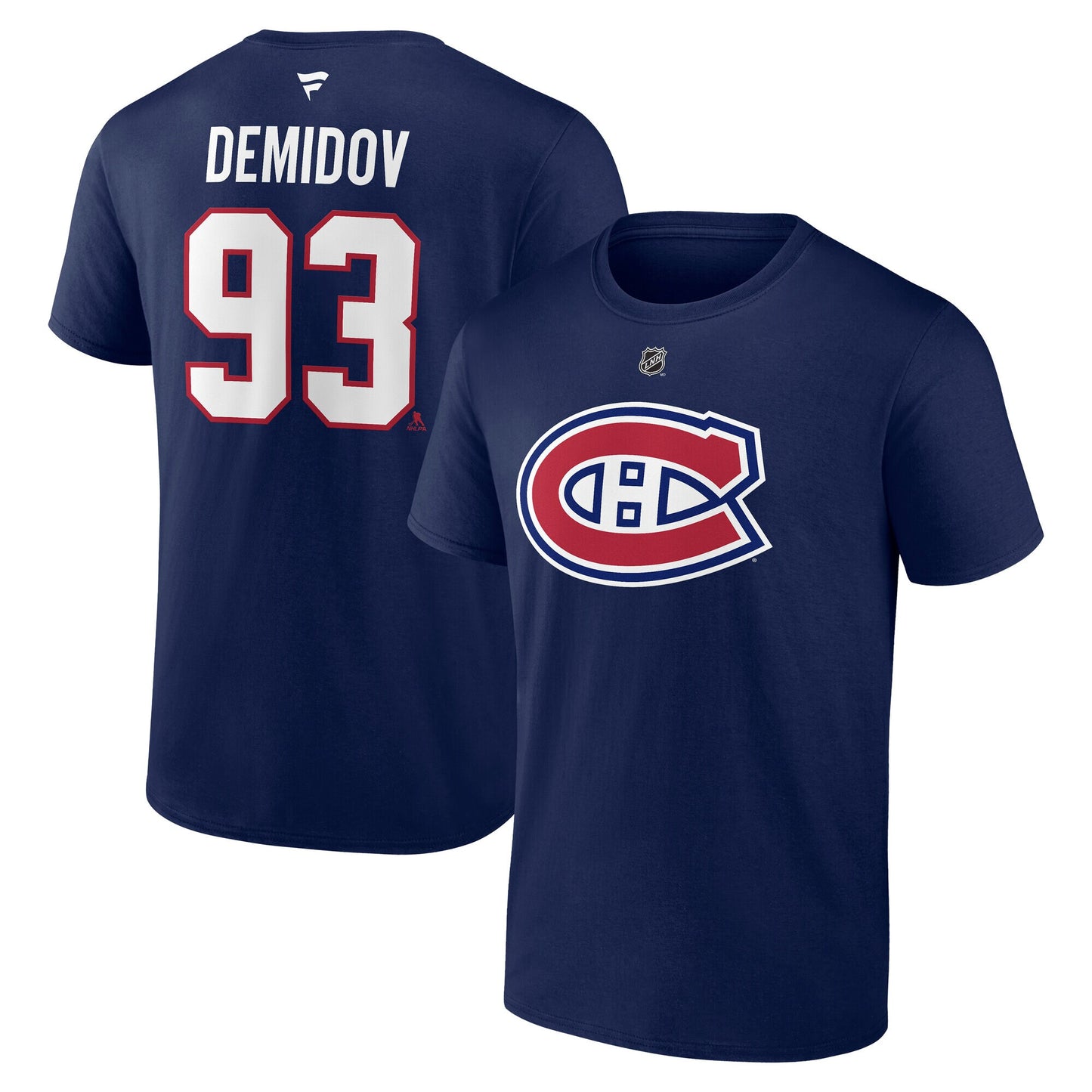 T-Shirt - Demidov - 3 Pour 60$ bleu marine en coton avec logo hockey rouge et blanc, manches courtes, vue de face et dos