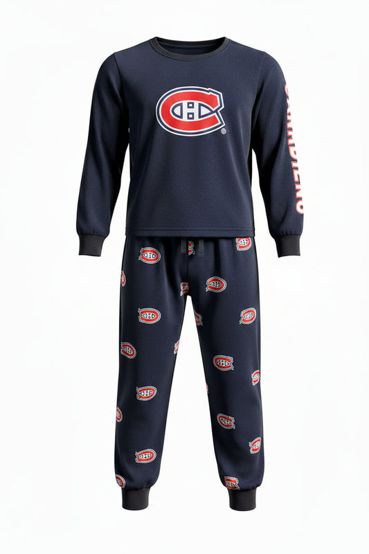Pyjama de hockey Canadiens - Suzuki #14 - 2 Pour 50$ noir à motifs logo Canadiens rouges, bleu et blanc, style enfant, vue de face.