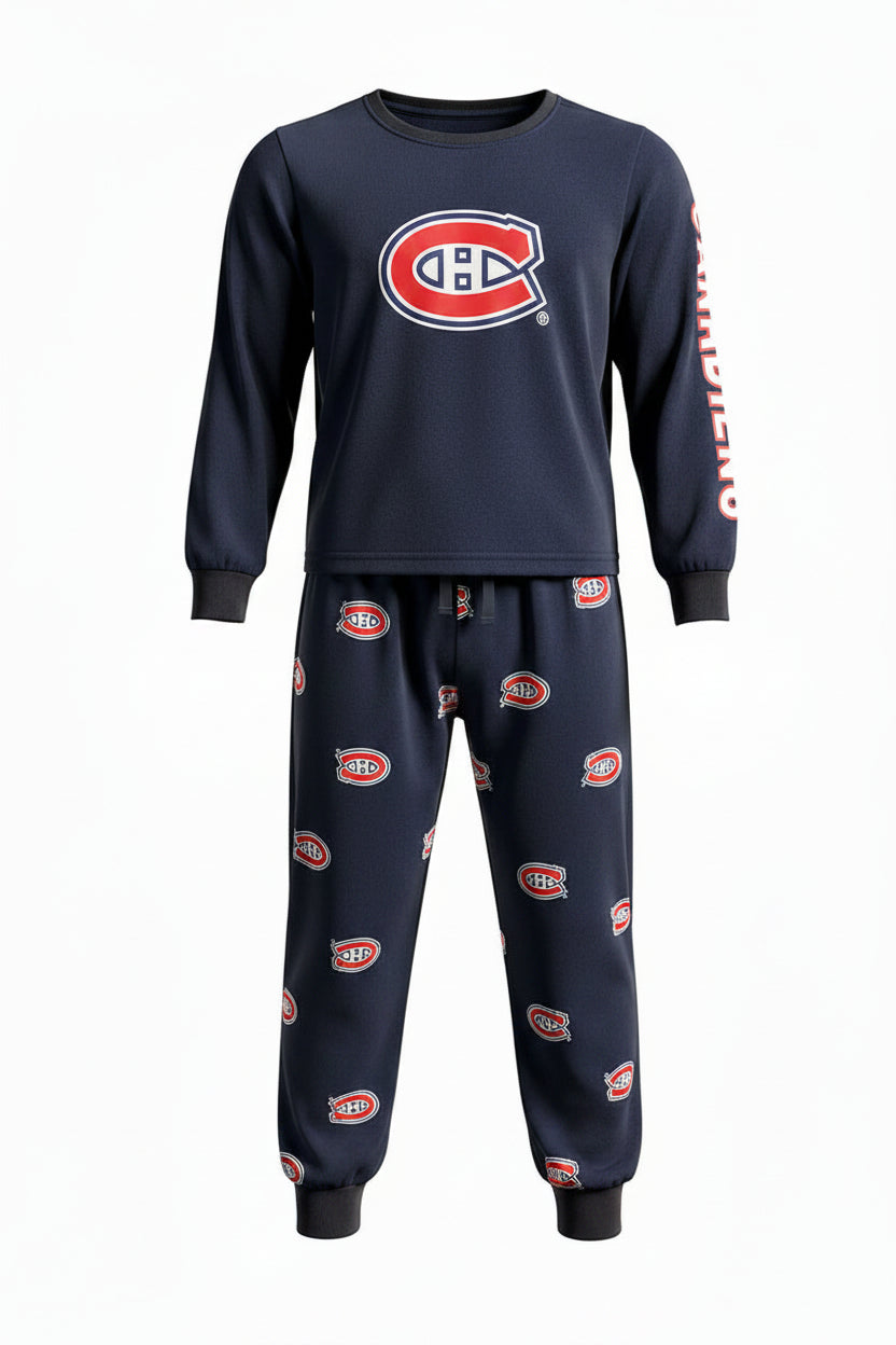 Pyjama de hockey Canadiens - Suzuki #14 - 2 Pour 50$ noir à motifs logo Canadiens rouges, bleu et blanc, style enfant, vue de face.