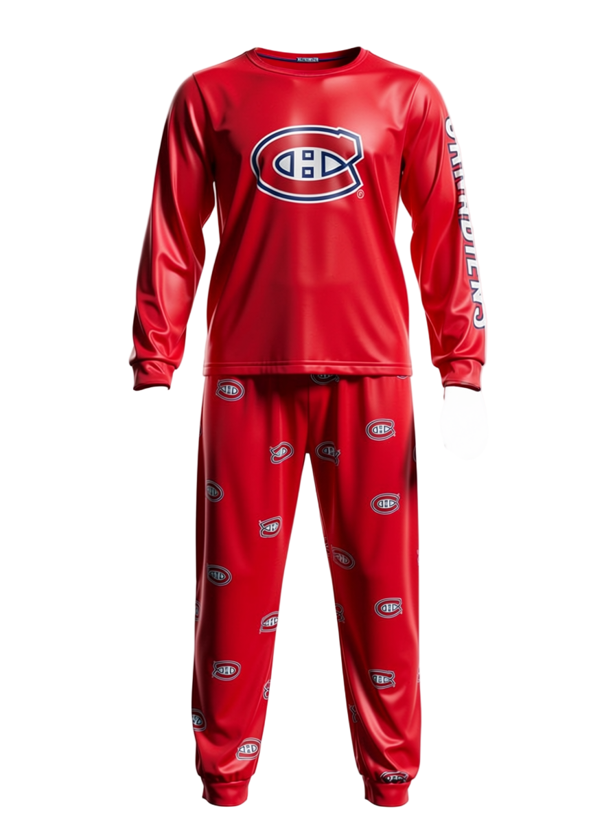Pyjama de hockey Canadiens pour enfant, avec le numéro 14 de Suzuki, coloris bleu, rouge et blanc.