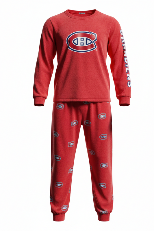 Pyjama de hockey Canadiens - Caufield #13 rouge avec logos blancs et bleus, pour enfant, vue de face sur mannequin invisible.