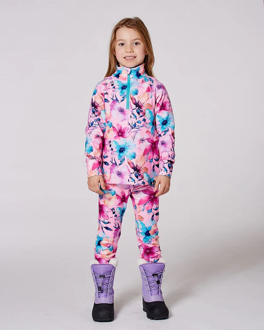 Ensemble de sous-vêtements thermiques deux pièces - Deux Par Deux à fleurs roses et bleues, jersey brossé, pour fille, vue de face porté.