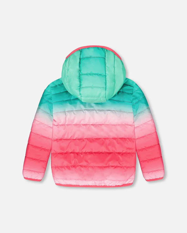 Manteau matelassé de mi-saison - Deux Par Deux dégradé rose, blanc et vert, capuche intégrée, pour enfant, vue de dos.