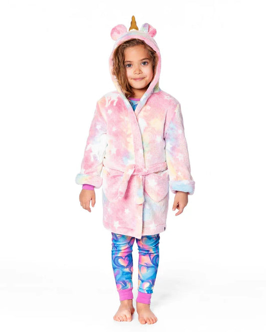 Robe de Chambre - Deux Par Deux en tissu peluche multicolore pastel avec capuche licorne, pour fille, vue de face portée sur mannequin.