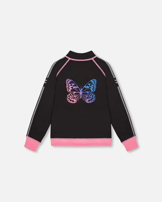 Veste athletique Réversible - Deux Par Deux noire avec papillon rose et bleu, détails roses, pour fille, vue de dos