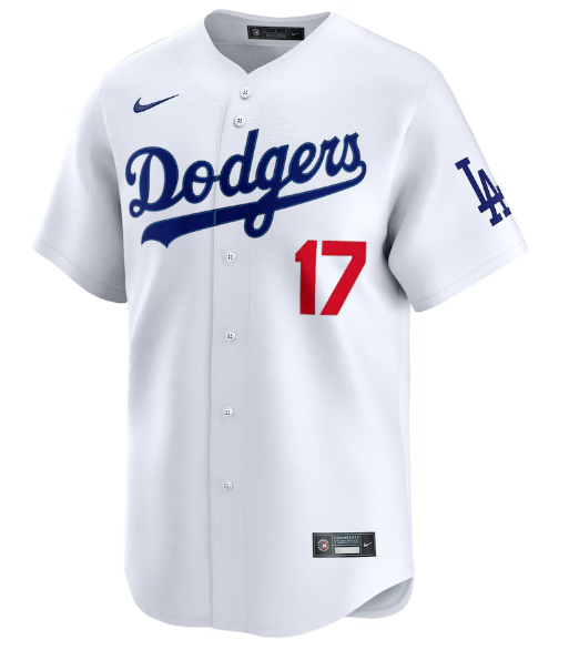 Jersey baseball- Ohtani Dodgers blanc avec logo bleu et numéro rouge 17, manches courtes, pour enfant, vue de face