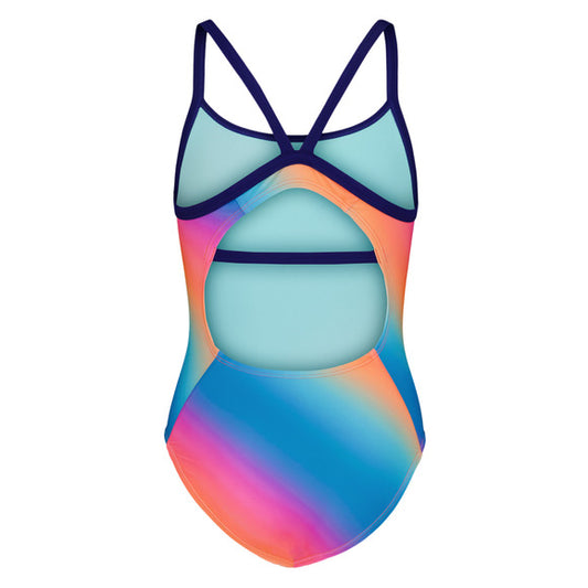 Maillot de bain - Under Armour une pièce dégradé bleu et rose, dos ouvert, matière polyester et spandex, vue de face paysage.